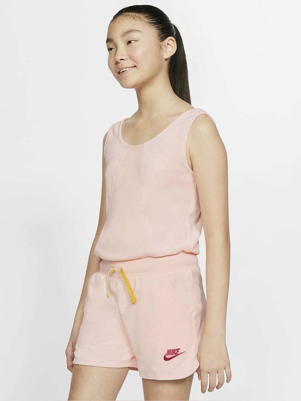Nike Girl's Heritage Romper in Coral French Terry | size Medium